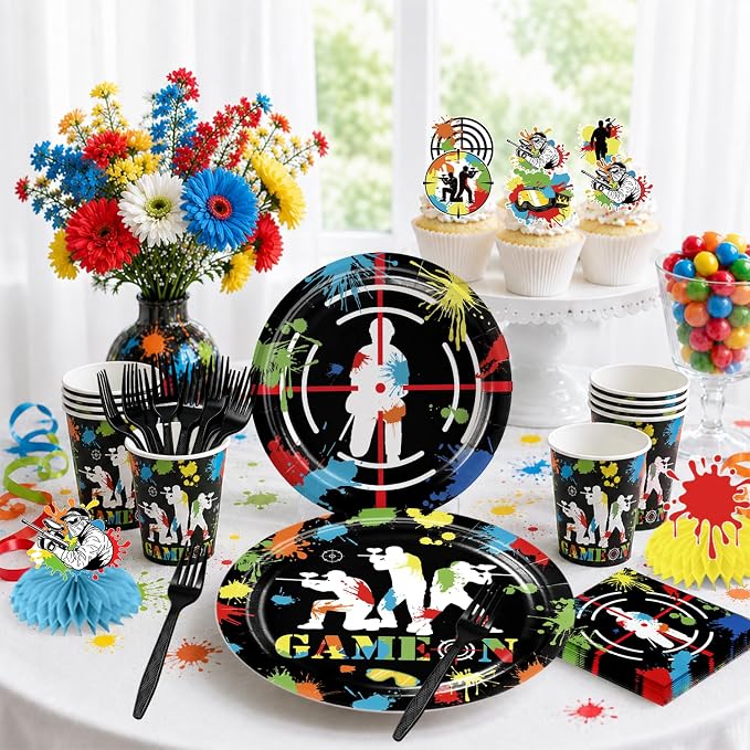 Paintball Birthday Party Decorations for 25 Guests, 219PCS All-in-One Colorful Paint Splash Shooting Game Theme Party Supplies Set with Plates, Balloons, Banner, Cake Topper, and Tablecloths