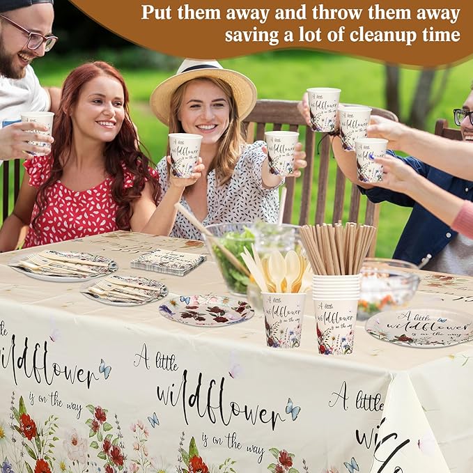 452 Pcs Wildflower Baby Shower Party Supplies for 50 Guest, Vintage a Little Wildflower Is on the Way Paper Plates Napkins Cups Tablecloth Cutlery Straws for Spring Summer Baby Shower Party Decoration