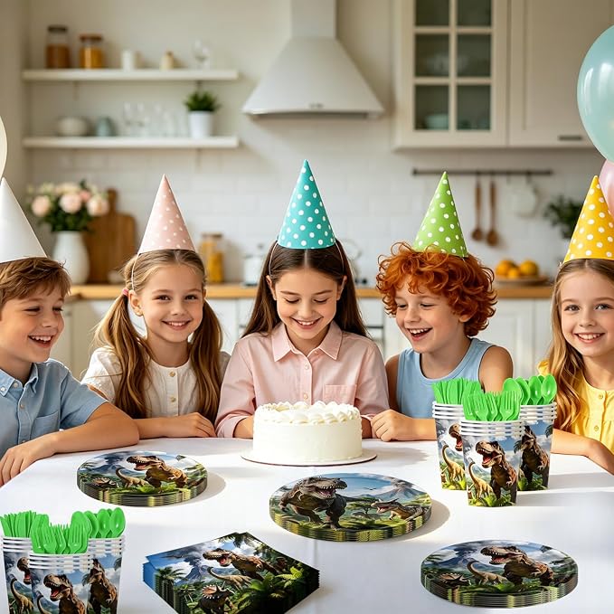 140PCS Dinosaur Party Birthday Supplies, Heavy Duty Oil-Proof Waterproof Paperware for Kids Dinosaur Theme Party, Disposable Dinosaur Tableware Set for 20 Guests Birthday Party