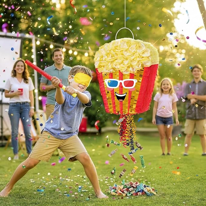 WERNNSAI Popcorn Piñata - Pull String Piñata with Stick and Blindfold, for Video Movie Night Holiday Celebration, Parties Carnivals Games Supplies (16.5"x12.4"x3")