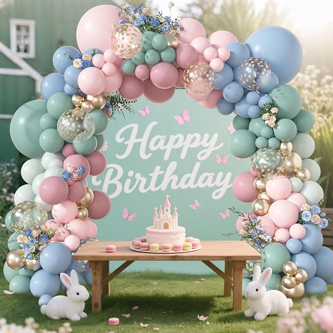 Amandir 173Pcs Pink Blue Green Balloon Arch Garland Kit, Dusty Baby Pink Mauve Pastel Mist Haze Green Blue Gold Confetti Balloons for Easter Shower Gender Reveal Wildflower Birthday Party Decorations