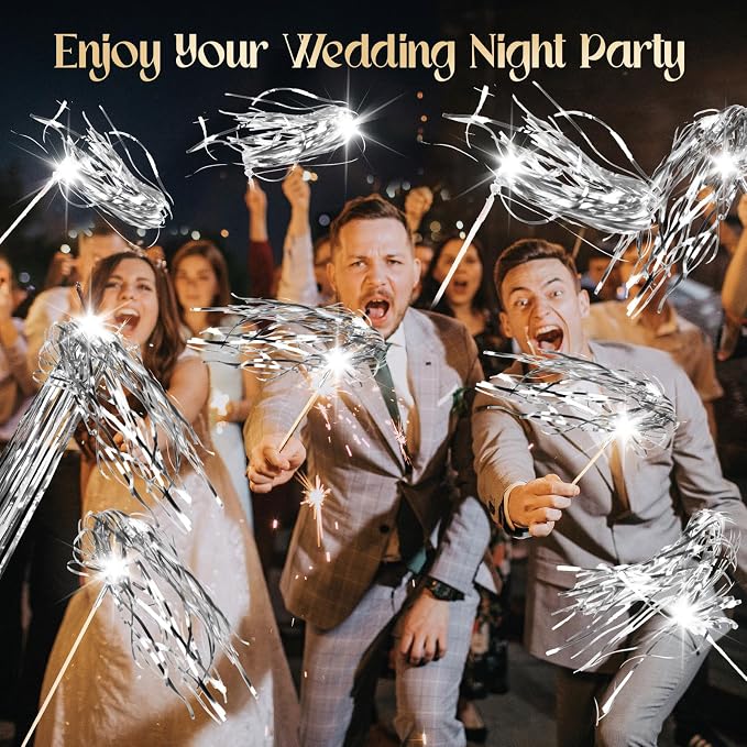 100 pcs Wedding Wands Light up with LED Tinsel Wedding Streamers for Wedding Send off and Greeting Ideal Props for Weddings, Birthday Parties, Christmas Cheerleading Games (Silver)