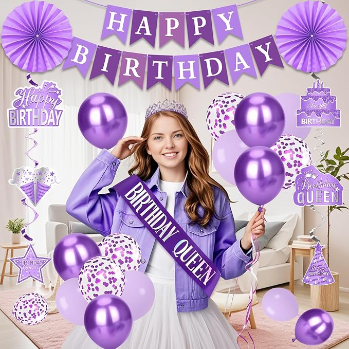 Purple Birthday Decorations for Women Girls, 30pcs Birthday Queen Crown and Sash, Purple Banner Balloons Backdrop Hanging Swirls Paper Fans Bday Party Decorations Kit Gifts for Her