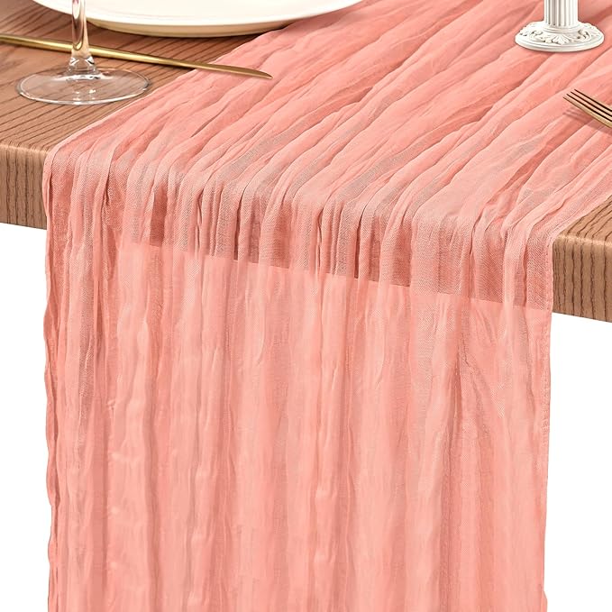 2 Pack Cheesecloth Table Runner 10FT Coral Table Runner Boho Gauze Cheese Cloth Table Runners Long Rustic Sheer Table Decorations for Wedding Party Baby Bridal Shower Birthday Holiday Home