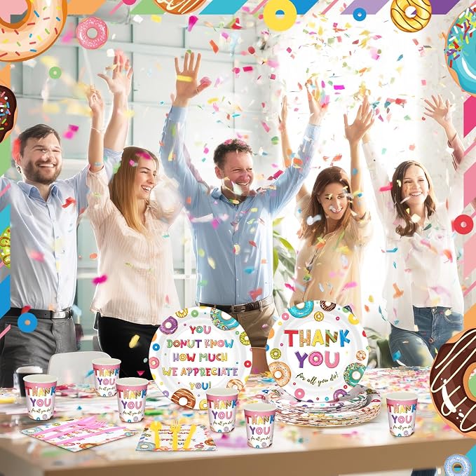 168 Pcs You Donut Know How Much We Appreciate CNA Week Gifts Bulk 2026 Party Decor Employee Appreciation Decoration Donut Thanks for All You Do Doughnut Tableware Set Serve 24 for Staff