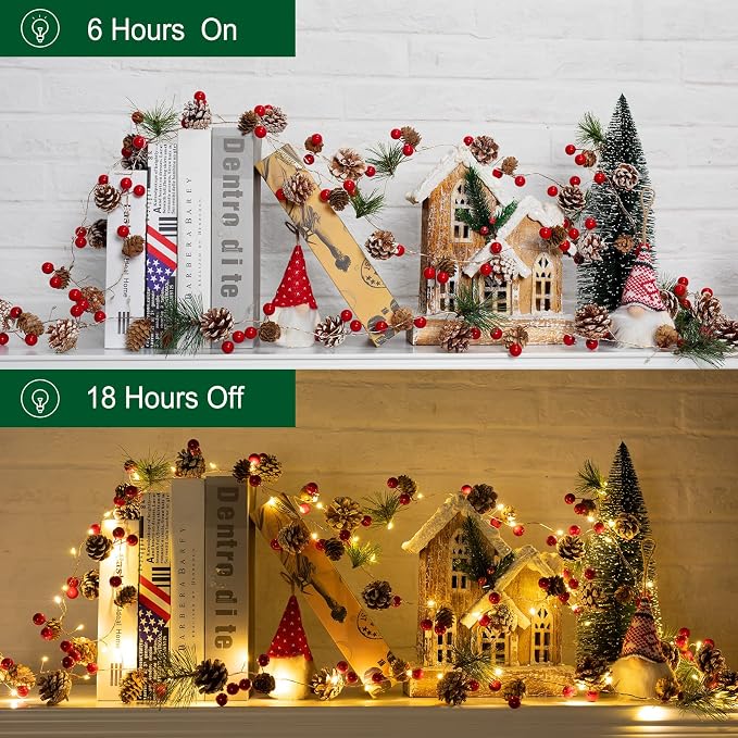 Minetom Christmas Pine Lighted Garland Decor, 9.8 Ft 60 LED with 8 Modes | Red Berry Pine Cone Battery Operated Christmas Garland Lights, Remote Control for Mantle Fireplace Stairs Xmas Indoor Decor