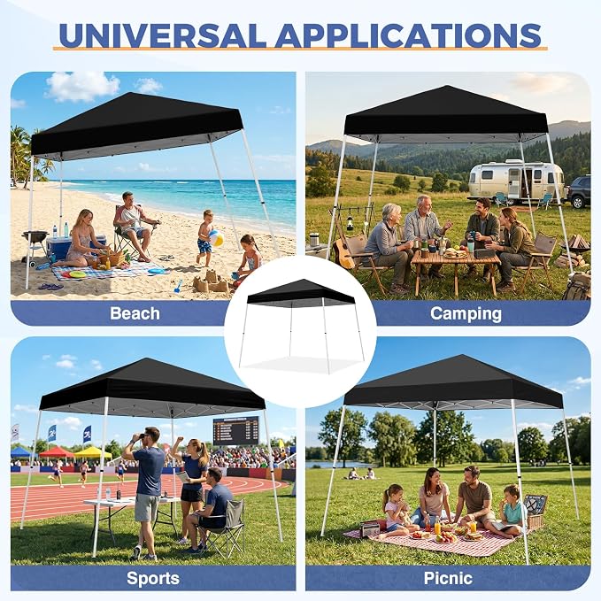 COOS BAY 10x10 Pop Up Canopy Tent, Portable Outdoor Shelter with Carry Bag for Tailgate, Party, Beach, Picnic, and Camping, 10x10 Base 8x8 Top, Black