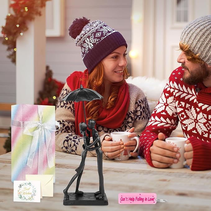 Kresecioo Anniversary for Couple/Her, Affectionate Couple Statue Kissing Under Umbrella, Handcrafted Cast Iron Sculpture in Love, for Wedding Gifts 6th Anniversary Birthday Gifts