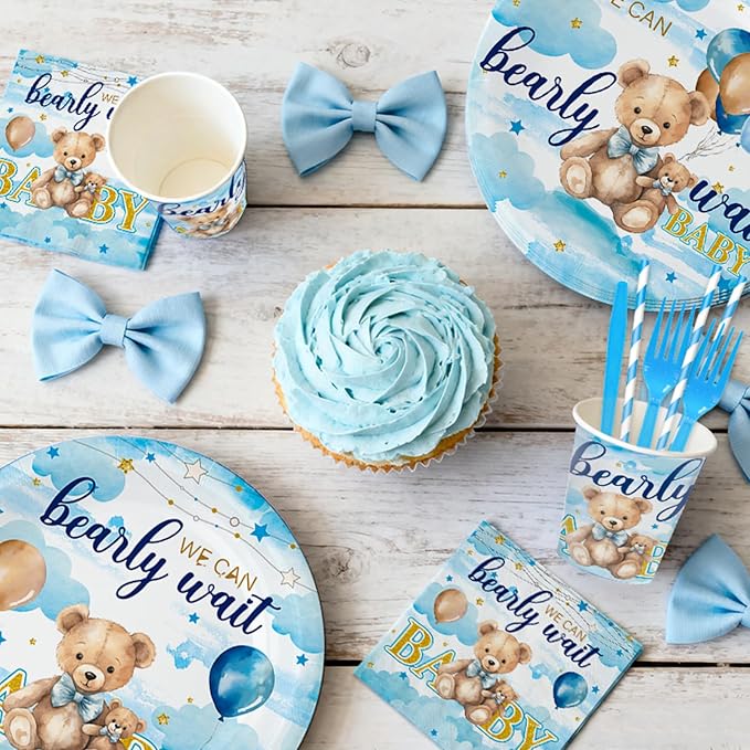We Can Bearly Wait Baby Shower Decorations Boy, 200Pcs Teddy Bear Baby Shower Balloons Banner Plates Napkins Cake Toppers Tablecloth Honeycomb Balls for Bear Themed Party Decorations Severs 24