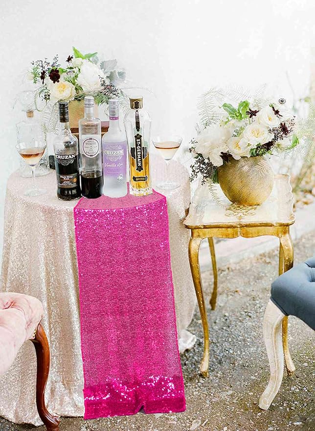 ShinyBeauty Hot Pink Table Runners - Pack of 10, 12x108-Inches, Sequin Fabric, Fuchsia, Perfect for Holiday Celebration Party Supplies