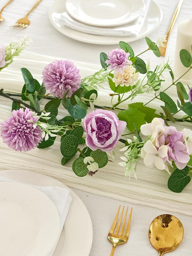 MISSPIN 5.9Ft Eucalyptus Garland with Flowers, Artificial Fake Flower Greenery Spring Garland for Baby Shower Wedding Mantle Table Centerpiece Spring Decor