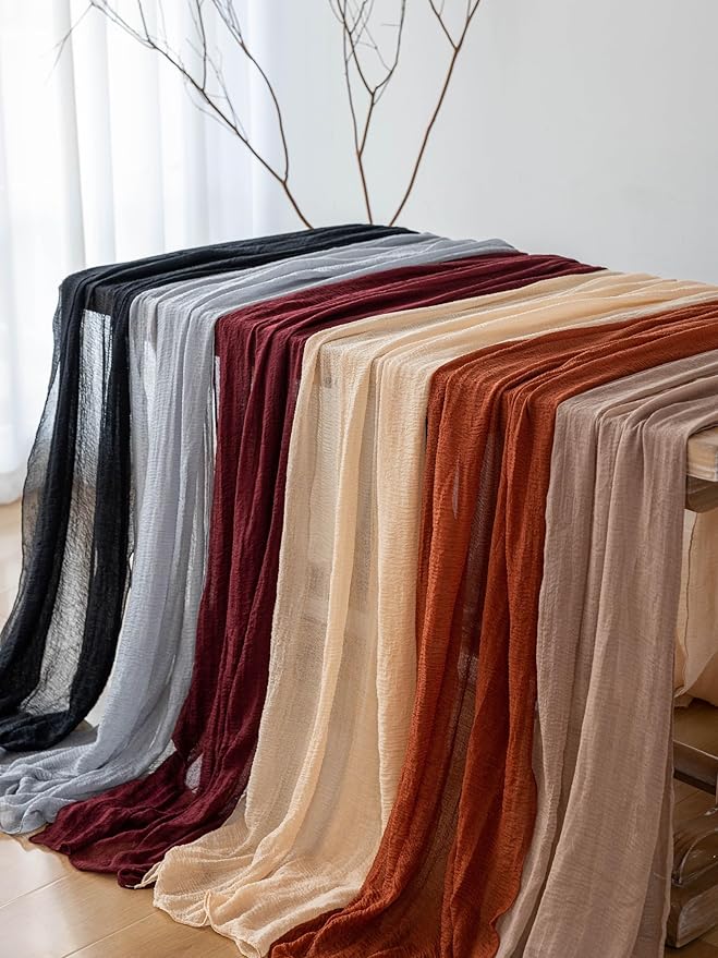 Keketoarrange 6pcs Coffee Gauze Rustic Cheesecloth Table Runner 120 Inch 10 FT for Wedding Baby Shower Bridal Shower Birthday Engagement Garden Outdoor Party Long Sheer Boho Decorations
