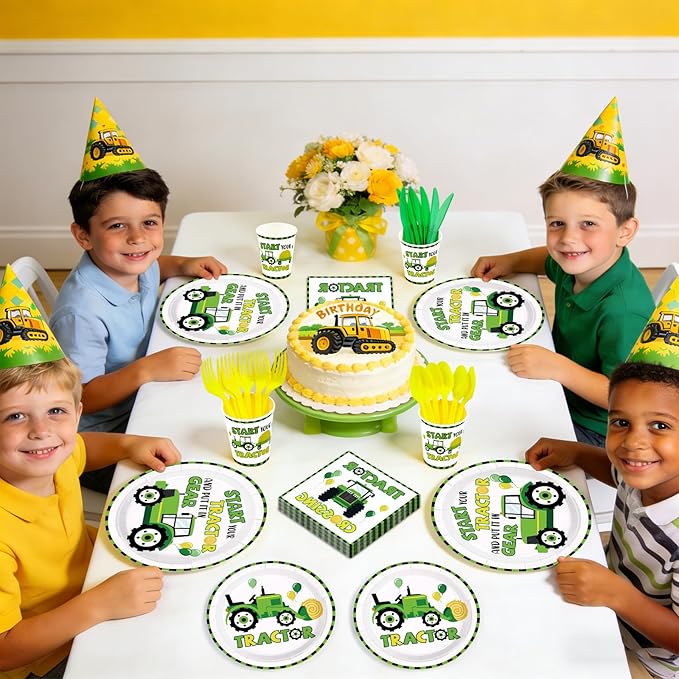 168Pcs Tractor Birthday Party Supplies Start Your Tractor and Put it in Gear Plates Napkins Cups Tractors Tableware Sets Farm Theme Decorations for Baby Shower Birthday Party Decorations Serves 24