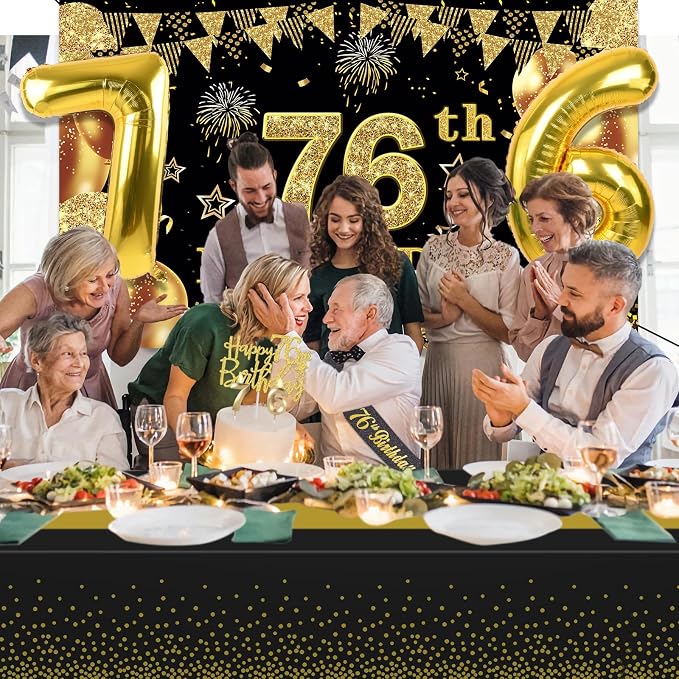 76th Birthday Decorations Men Women with 76th Birthday Banner, Black and Gold Table Cloth, Number Balloons, Sash, Cake Topper and Candles