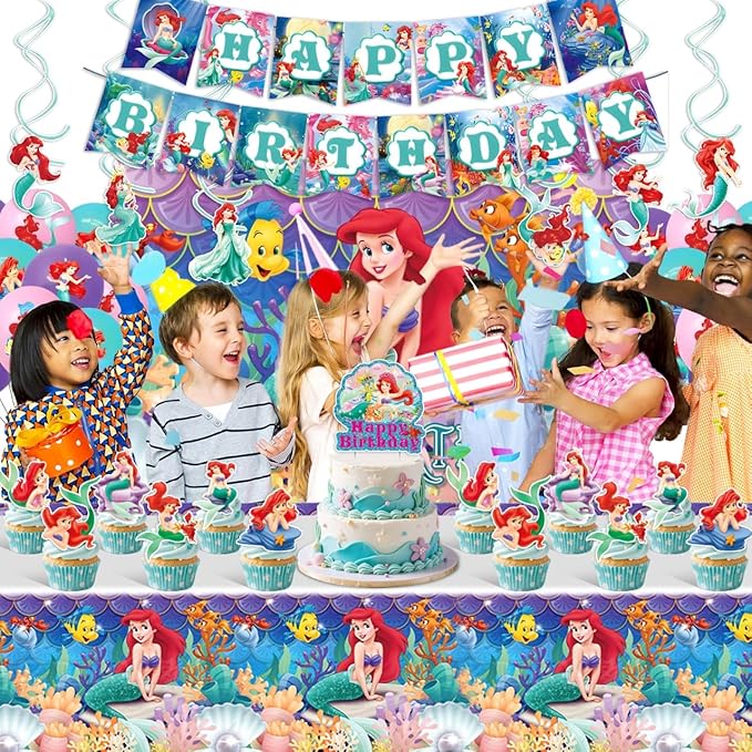 Ariel Birthday Party Supplies, Party Decorations Set Include Banner, Backdrop, Tablecloth, Balloons, Hanging Swirls, Cake Cupcake Toppers for Girls Little Mermaid Party Decorations