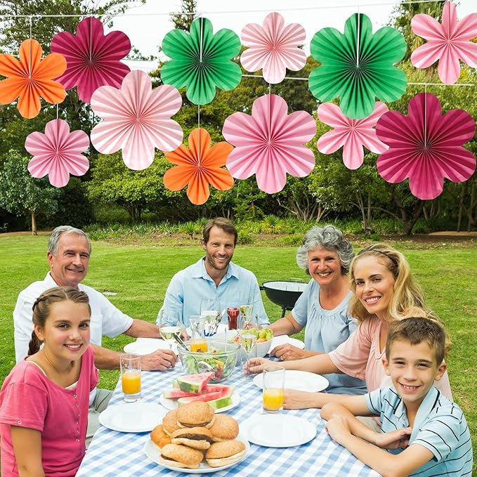 BestoFun 12 PCS Paper Flowers Fans Red Green and Pink Party Decorations Paper Flowers Decorations for Wall Girl Groovy Birthday Baby Shower Wedding Bachelorette Room Hanging Décor