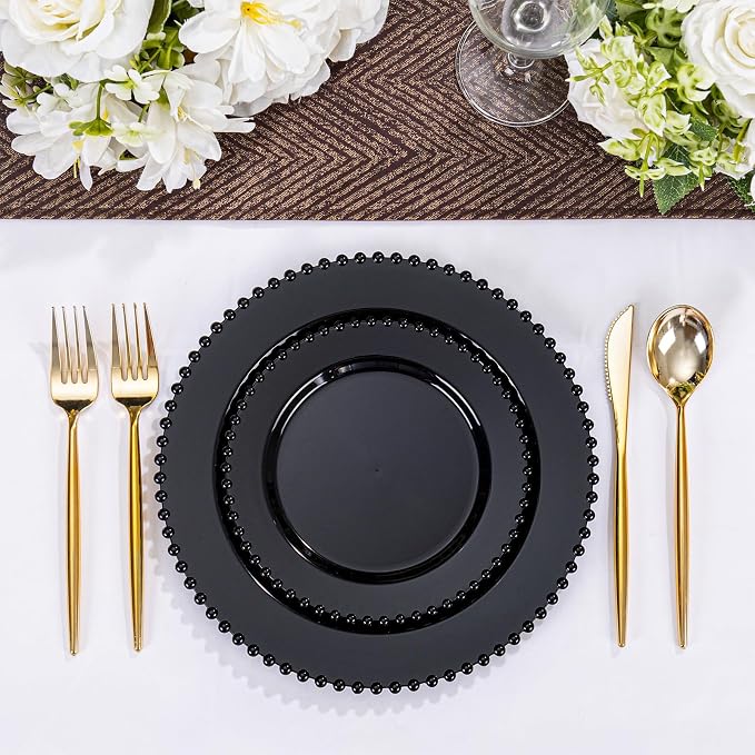 U-QE 60PCS Black Plastic Plates - Heavy Duty Black Disposable Plates Including 30PCS 10'' Dinner & 30PCS 7.5'' Dessert Plates -Hard Plastic Plate for Party Wedding Bridal Shower
