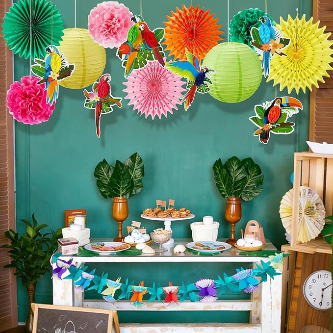 Frienda 19 Pcs Hawaiian Tropical Luau Party Decorations Tropical Parrot Bird Honeycomb Hanging Garland Multicolour Paper Hibiscus Flower Summer Banner Lantern Fans for Tiki Bar Beach Jungle Party