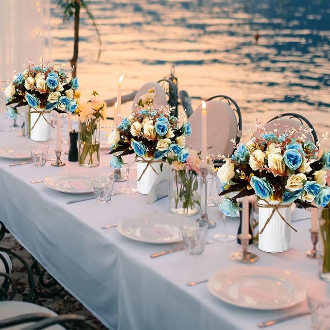 Domensi 6 Sets Wedding Centerpiece for Table Artificial Rose with Vase Fake Bouquets and Metal Pot Flower Arrangements for Bridal Shower Birthday Party Event Table Decor (Teal)