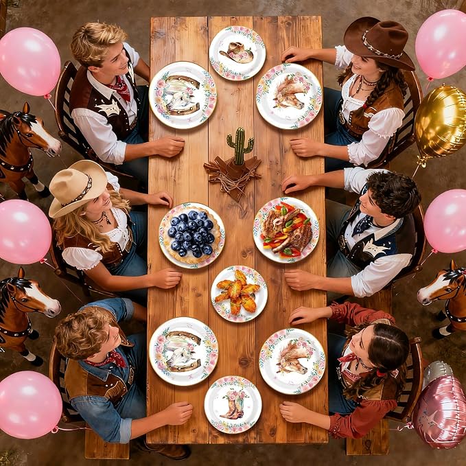 200Pcs Western Horse Party Supplies Cowgirl Theme Plates and Napkins Pink Floral Horse Disposable Paper Tableware Set for Girl Birthday Baby Shower Rodeo Event Bachelor Party Decor Serves 50