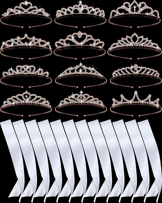 12 Set Crown and Sashes Set Blank Satin Sashes for Pageants Rhinestone Prom Queen Tiara Crown White Blank DIY for Birthday Holiday Wedding Bridal Shower Prom Party Supplies