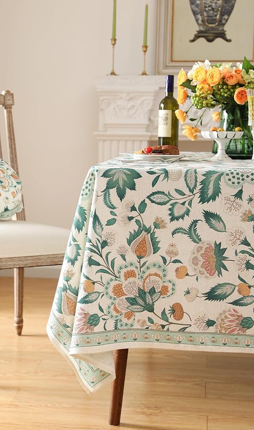 patdrea Vintage French Linen Tablecloth,Square,55"x55"-Tree Life | Elegant Colorful Table Cloth for Square Table,Green Floral Patterned,for Dining Room Tea Party Thanksgiving,Durable