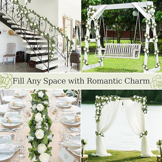 Lewondr Artificial Eucalyptus Garland with Flower - 8 Rose 8 Peony, 2Pcs 13FT Faux Floral Greenery Garlands Fake Flowers Vines, Maintenance-Free for Table Shelf Backdrop Party Room Decor, White