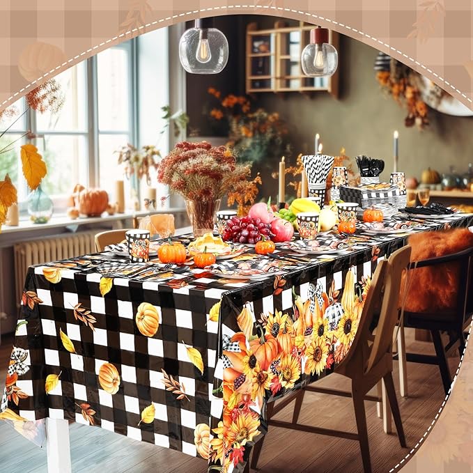 Funnymoom 452 Pcs Fall Thanksgiving Party Decorations, Black White Buffalo Plaid and Orange Pumpkin Maple Leaves Paper Plates Napkins Cups Tablecloth Cutlery Straws for Autumn Harvest Party Supplies