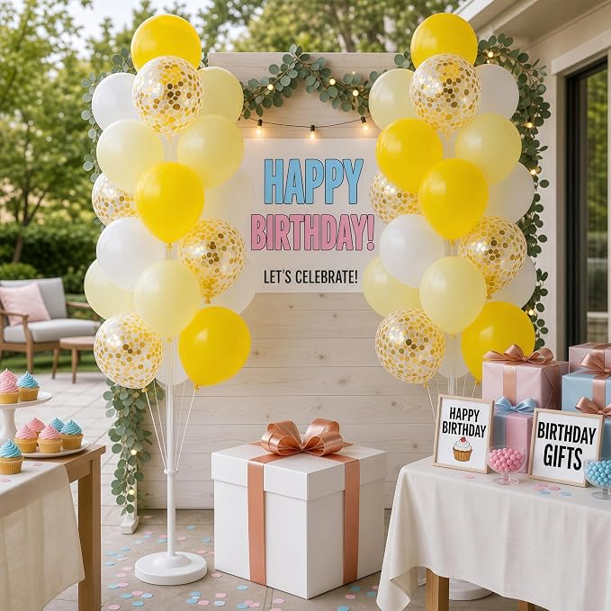 Hiins Balloon Column Kit Set of 2 With Pastel Yellow White Gold Confetti Balloons with Base,Pole,Balloon Tower Backdrop Decoration for Bee Lemon Wedding,Baby Shower,Birthday Party,Bachelorette Party