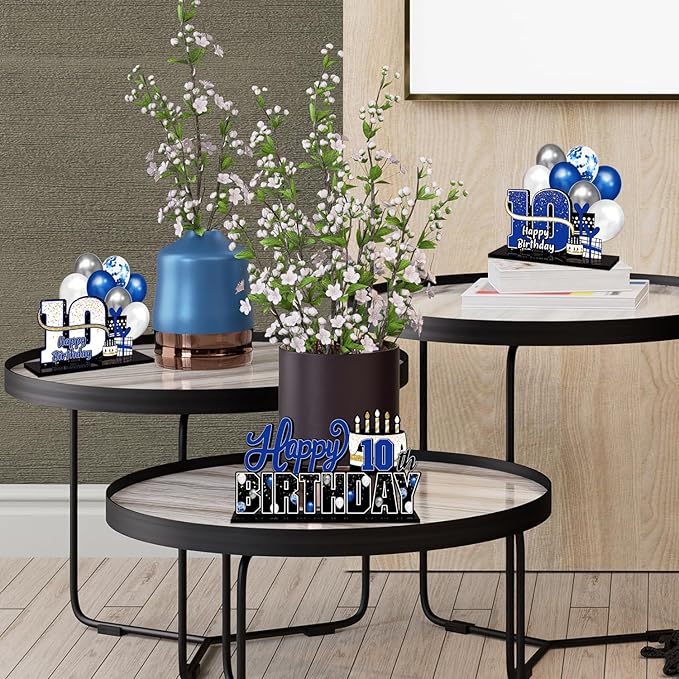 LINGTEER Happy 10th Birthday Blue Acrylic Table Topper Centerpieces Set - Cheers to Ten Years Old Birthday 10th Bday Party Gift Decorations.