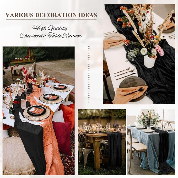 8 Pack 10Ft Cheesecloth Table Runner Black, 20 x 120 Inch Rustic Gauze Boho Cheese Cloth Wedding Long Table Runner for Wedding Party Bridal Shower Decoration