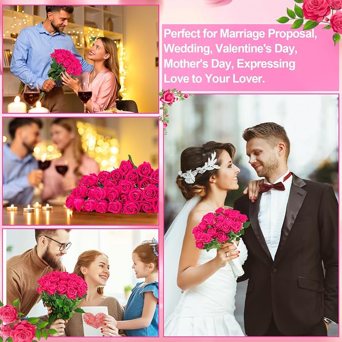 36 Pcs Hot Pink Artificial Roses with Long Stems, Fake Silk Rose Artificial Flowers Bulk for Bridal Wedding Bouquet Centerpiece Ball Arrangement Party Decor