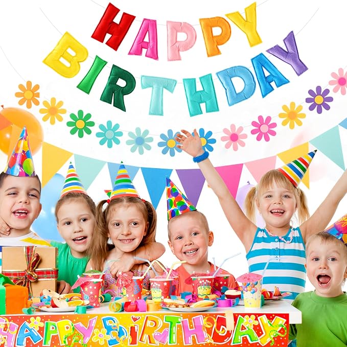 YEOCU Happy Birthday Decorations, No DIY, Pre-Strung 3D Banner | Rainbow, 3D felt banner, flower garland & flags. No DIY, reusable for kids & women.