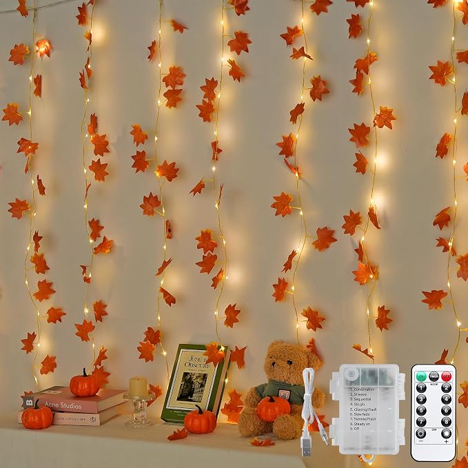 JMEXSUSS 200 LED Fall Garland with Lights, Maple Leaf Fairy Curtain Lights USB & Battery Operated with Remote, 6.5x6.5ft Vine Lights for Bedroom Window Indoor Outdoor Thanksgiving Fall Decor