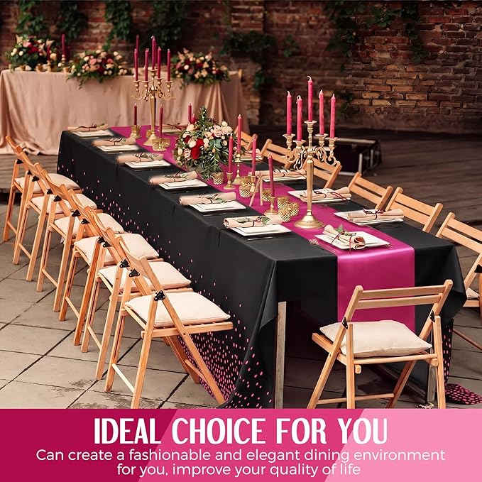 Breling 12 Pack Black and Hot Pink Disposable Plastic Tablecloths and Satin Table Runner Set, 54 x 108 Inch Tablecloth, 12 x 108 Inch Table Runners for Wedding Graduation Birthday Baby Shower