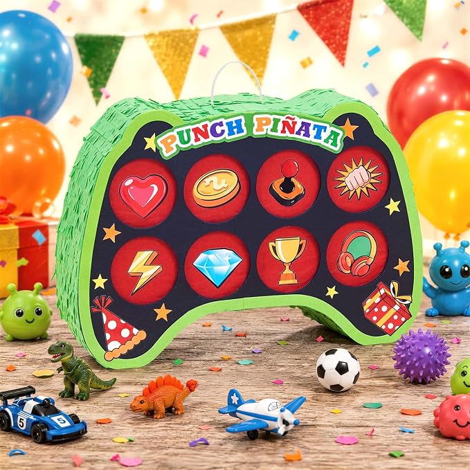 WERNNSAI Game Punch Piñata - Punch Box Piñata with 4 Replacement Punch Papers & 4 Sets of DIY Stickers, Hanging Unboxing Game Supplies for Video Game Party, Gamer Birthday, School Carnival Decor