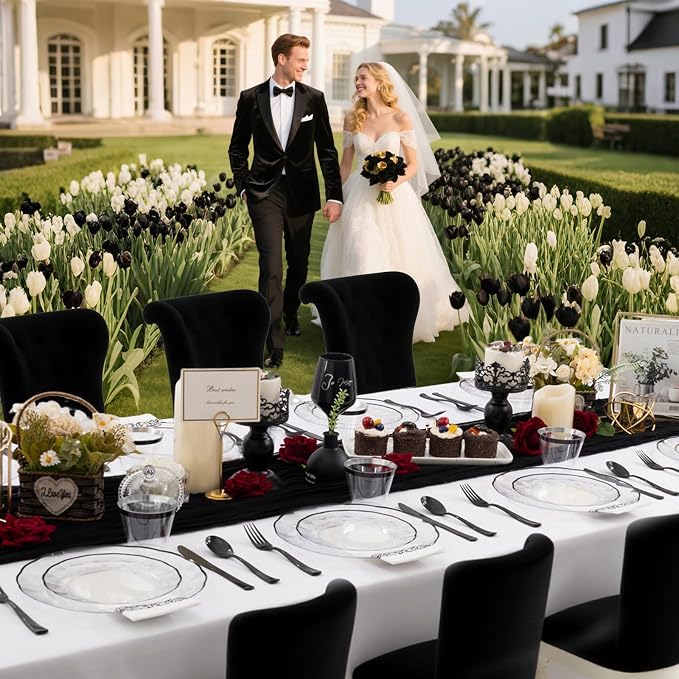 LIYH 350 Pcs Clear and Black Plastic Dinnerware Set for 50 Guests | Includes Plates, Cups, Napkins, and Disposable Cutlery - Elegant Clear & Black Design, Perfect for Parties,Halloween