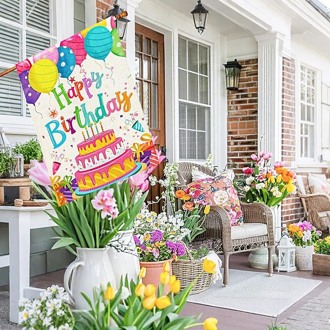 Happy Birthday House Flags 28x40 Double Sided Burlap, Colorful Balloon Cake Toppers Personalized Banner Farmhouse Yard Sign Birthday Party Outdoor Decorations DF576-28
