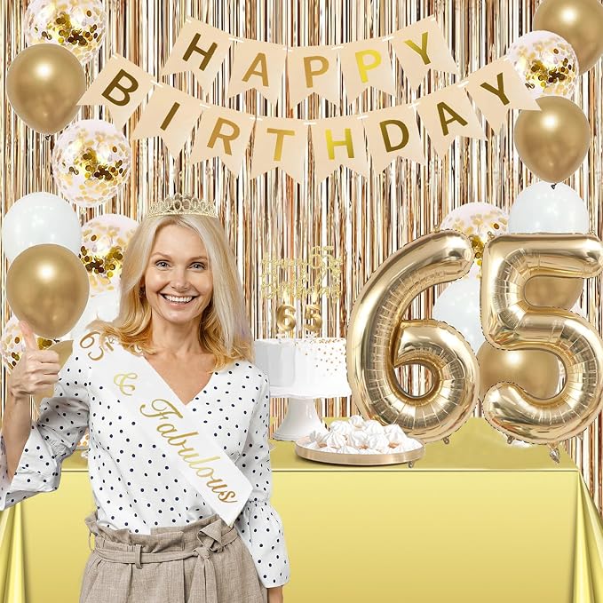 Trgowaul 65th Birthday Decorations for Women, Banner, Sash and Crown, Cake Topper, 65 Number Balloon, Fringe Curtains, Champagne Gold 65th Birthday Party Supplies
