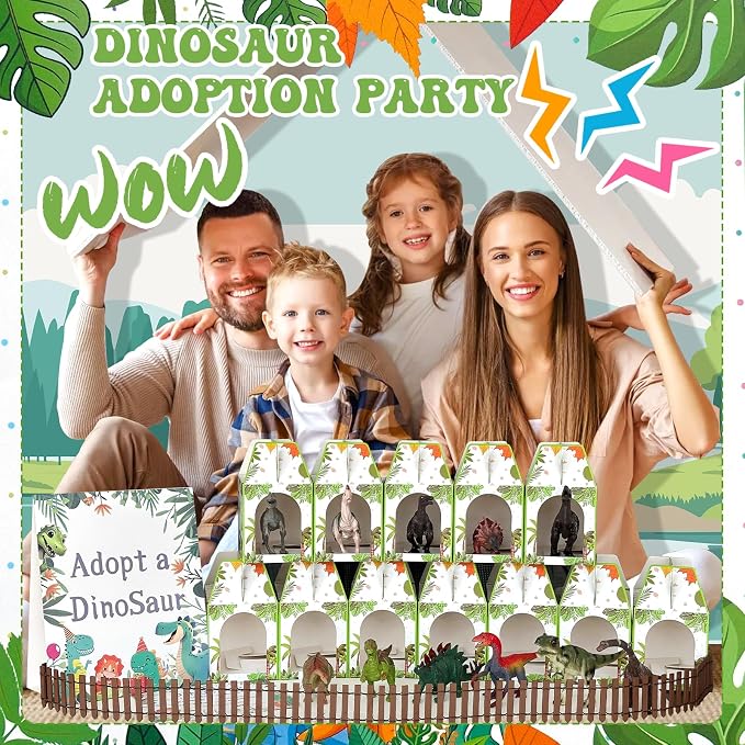 38 Pcs Adopt a Dinosaur Pet Party Favors Plastic Dinosaur Animal Include 12 Mini Dinosaur 12 Foldable Boxes 12 Adopt Cards 1 Adopt Sign 1 Adopt Fence for Adopt a Pet Party (Plastic)