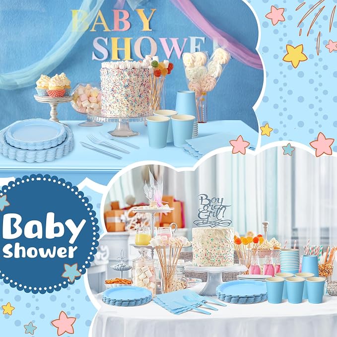 Tegeme 256 Pcs Light Blue Party Supplies Paper Plates Napkins Tablecloths Baby Blue Disposable Plastic Cups Forks Knives Spoons Serve 36 Guests for Birthday Baby Shower Wedding Dinnerware Decoration