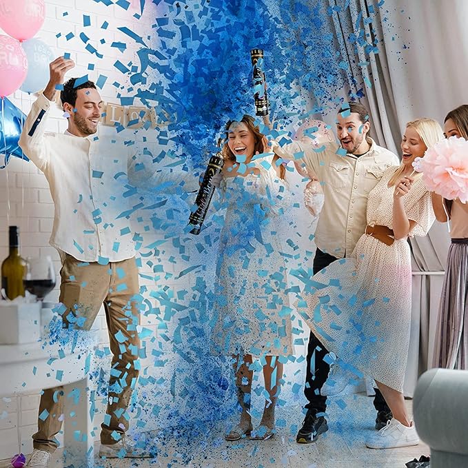 Gender Reveal Confetti Powder Cannon, Biodegradable, Boy Blue and Girl Pink Gender Reveal Poppers - He or She Smoke Bomb Baby Shower Baby Party Decorations Supplies Sticks (2 Blue)