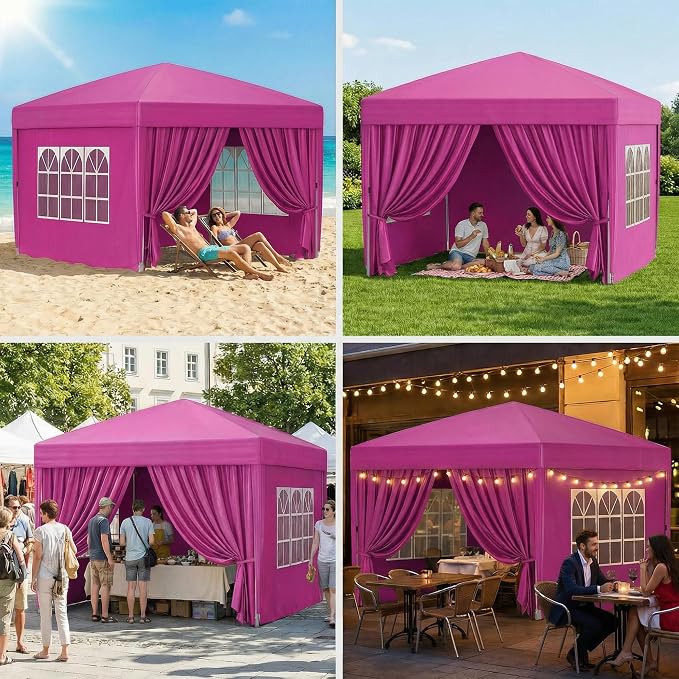 10x10 Pop Up Canopy with Sidewalls, Instant Tent with Carry Bag, Height Adjustable Waterproof Shade Canopy, for Event, Parties, Camping (Pink, 10x10 with Sidewalls)