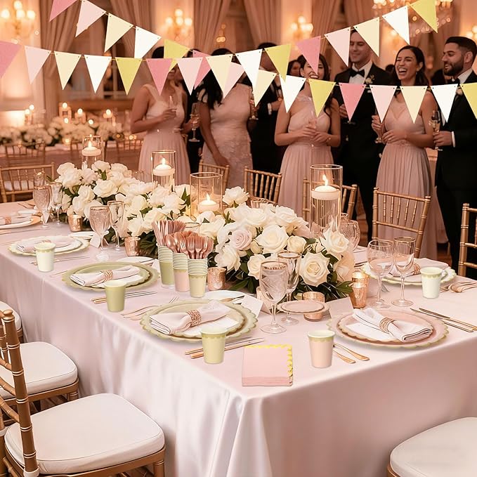 Mimorou 342 Pcs Champagne-Gold Beige Party Supplies Rose Gold Tableware Paper Disposable Plates Napkins Cups Plastic Tablecloth Pink Boho Triangle Banner for Wedding Bachelorette Birthday