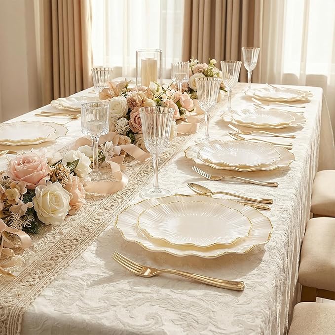 U-QE 150PCS Ivory and Gold Plastic Plates with Gold Disposable Silverware for 30 Guests, Vintage Ivory Plastic Plates Include 30 Dinner Plate,30 Dessert Plate,90 Cutlery for Bridal Shower, Party