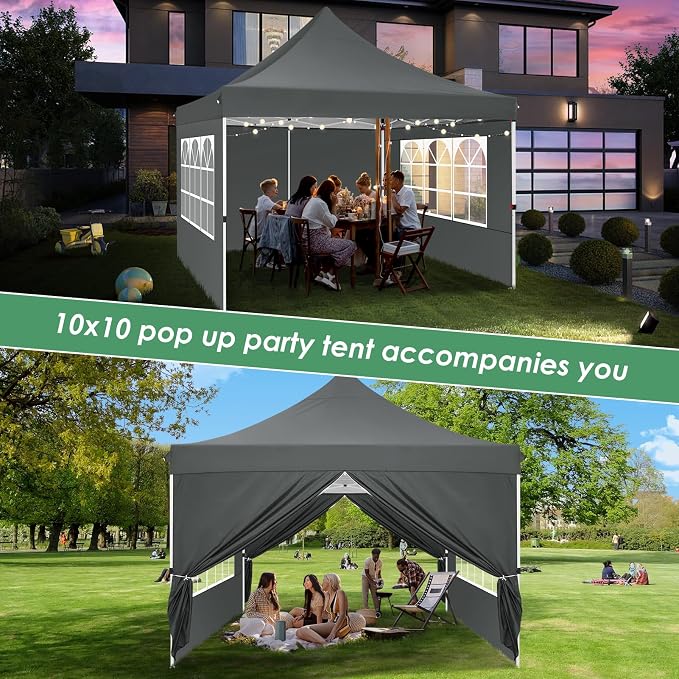 COBIZI 10x10 Pop Up Canopy with 4 Removable Sidewalls, Easy Set Up Canopy Tent, Waterproof Instant Party Tents for Weddings & Parties, UPF 50+ UV Protection, 3-Height Adjustable Frame,Grey