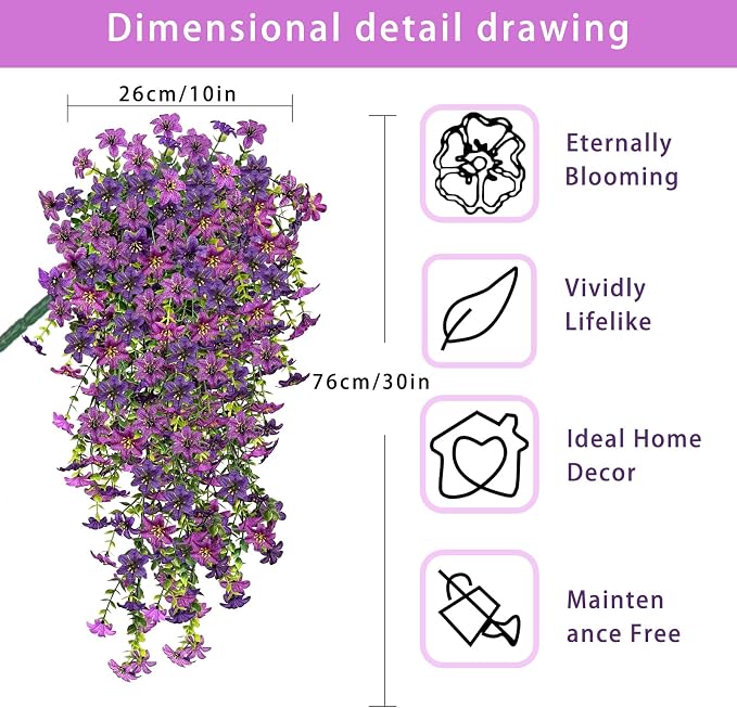 4 Pcs Artificial Hanging Flowers for Outdoor Indoor, UV Resistant Silk Daisy Fake Flowers, Realistic Faux Trailing Vines for Spring Garden Planter Porch Patio Window Box Decor(Double Purple)