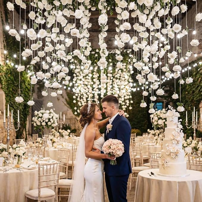 Suncalla 40 Pcs Artificial Rose Flower Hanging Decorations Set DIY Hanging Fake Roses Garlands with Hooks Wedding Party Decorations for Anniversary Background Themed Party(Cream White)