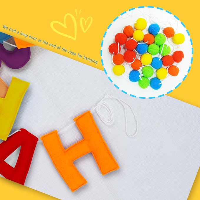 2 PCS Pre-Strung 3D Felt Happy Birthday Banner - Reusable Rainbow Happy Birthday Decorations Sign, Felt Ball Garland, Pom Pom Garland, Party Decor, Photo Prop(Retro Cartoon Color Scheme)