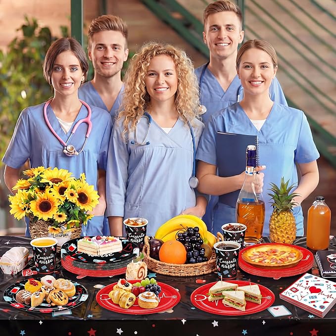 Vesici 150 Pcs Nurse Graduation Party Supplies Congrats Nurse Tableware Set Oval Paper Plate Cup and Napkin 10" x 12" Large Heavy Duty Disposable Plate for Rn School Graduation Celebration, Serves 50